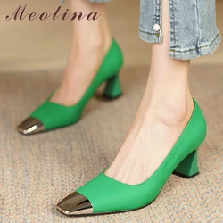 Meotina scarpe da donna in vera pelle tacchi spessi décolleté con punta quadrata moda tacco alto Party Lady calzature primavera verde bianco 34-42