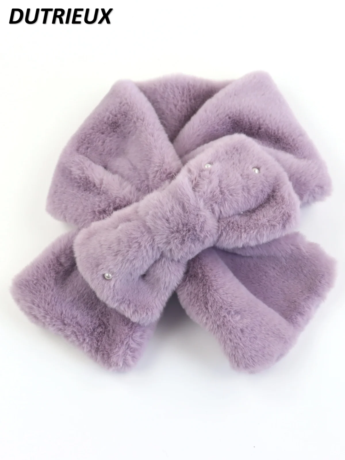 Sweet Cute Girls Bow Plush Scarf Imitation Rabbit Fur Cute Winter Warm Girl Solid Color Lolita Student Scarf Accessories