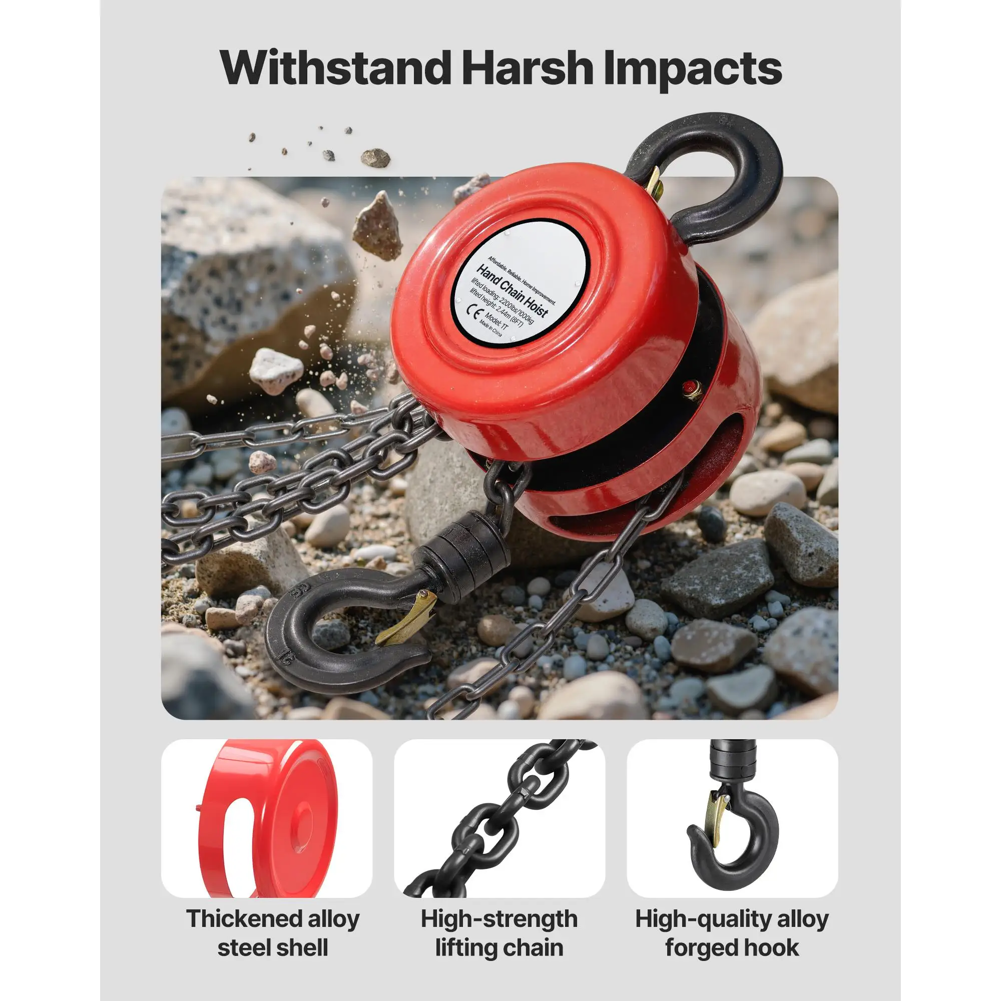 Manual Chain Hoist 1 Ton 2200 lbs Capacity G70 Galvanized Chain Block 8 ft Lifting Height Heavy Duty Pulley Hoist for garage Warehouse Automotive Machinery