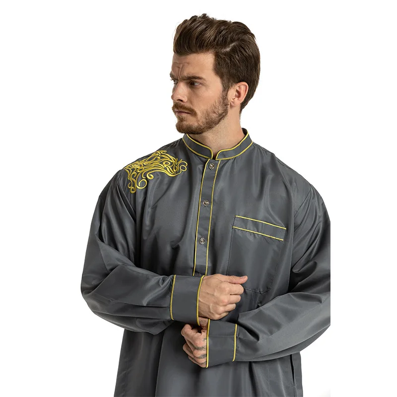 Men Middle East Muslim Ethnic Embroidery Long-sleeved Loose Stand-up Collar Robe Men