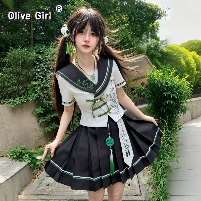 Olivegirl Original JK Chinese Sailor Uniform  Women's Top Shirt Coat Pleated Skirt Sweet Cute Embroidery Limited Edition Suite