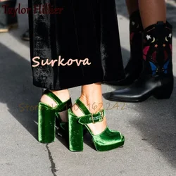 Velvet Open Toe High Heels Green Chunky Heel Platform Sandals Elegant Belt Buckle Sandals Fashion Dress Formal Shoes Women 46