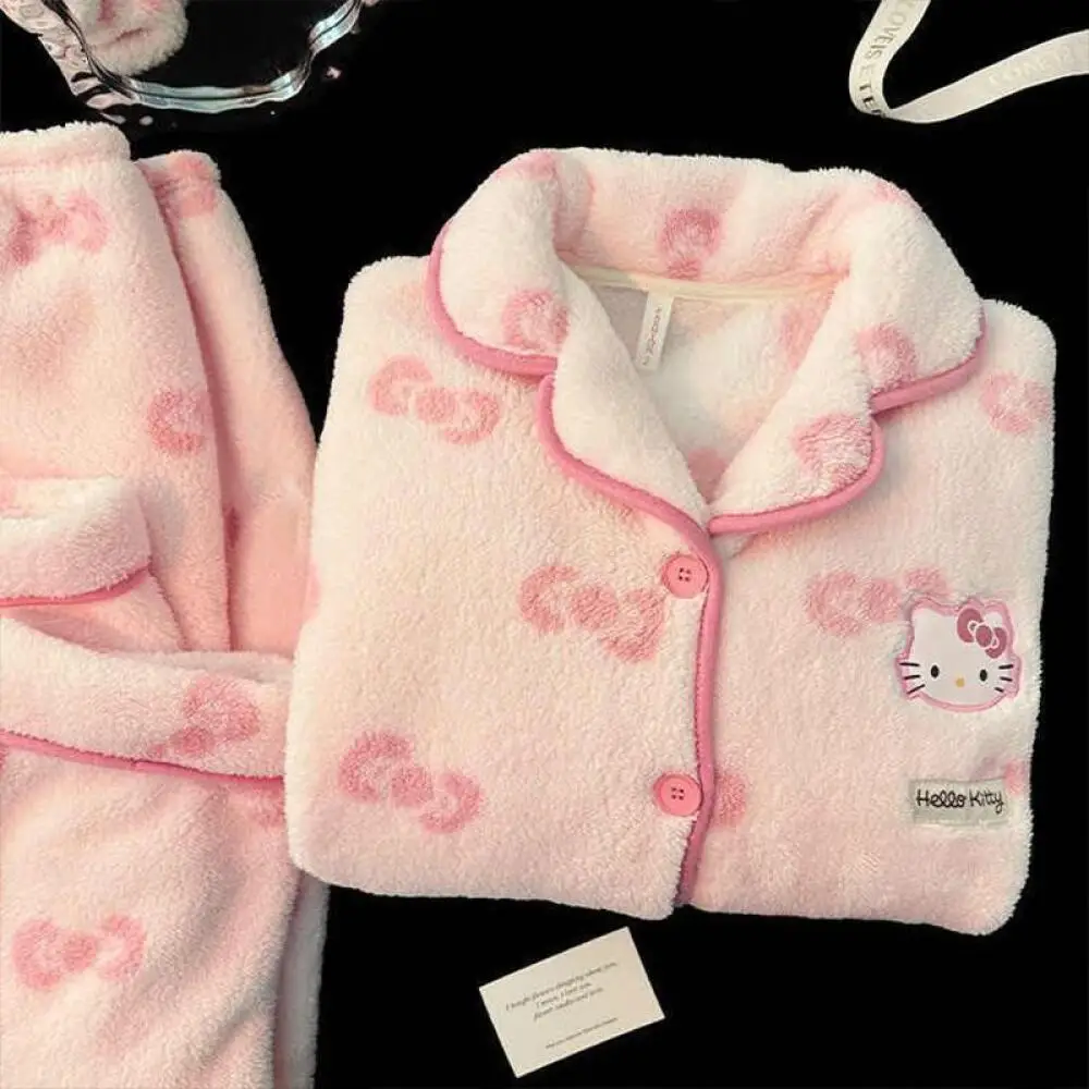 

Популярные пижамы с героями мультфильмов Sanrio Hellokitty, женские осенне-зимние плотные коралловые флисовые пижамы с розовым бантом, элегантная теплая фланелевая домашняя одежда, верхняя одежда