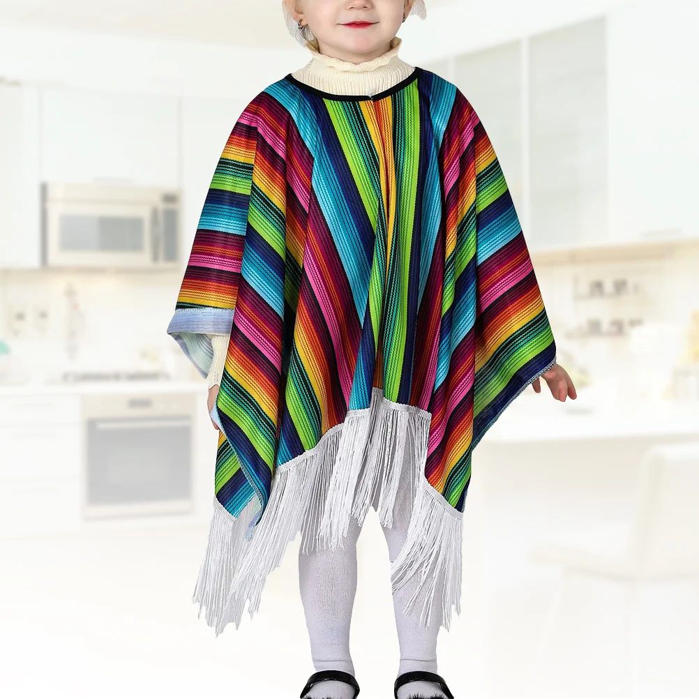 

Mexican Cloak Kids Halloween Costume Fancy Colorful Design Oversized Fringe Tassels Cloak for Dress Up Cosplay