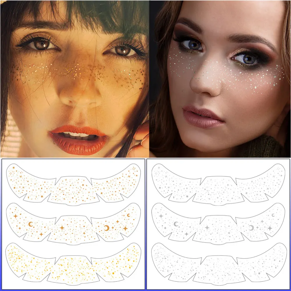 

6 Pcs/set Fake Freckle Stickers Golden Silver Glitter Temporary Tattoos for Face Makeup Holiday Music Party Fake Tattoo