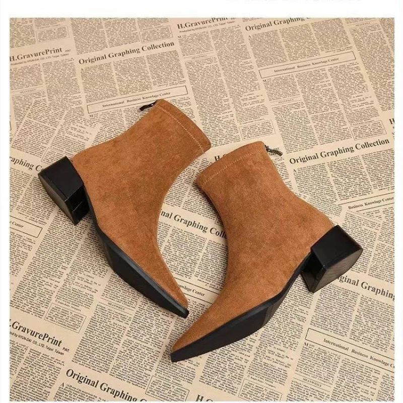 New Low Heel Women Mordern Ankle Boots Fashion Pointed Toe Party Dress Shoes Female Vintage Slim Short Booties view 3