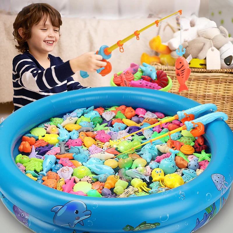 Kids Fishing Toy Set Play Water Toys for Baby Magnetic Rod and Fish with Inflatable Pool Outdoor Sport Puzzle Toys for Children