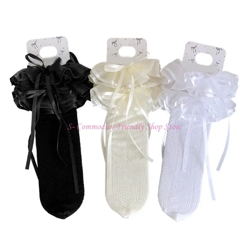 

85AE Toddler Girls Lace Embellished Knee Socks Breathable Stackable Socks Bowknot Accent Sweet for Daily Party