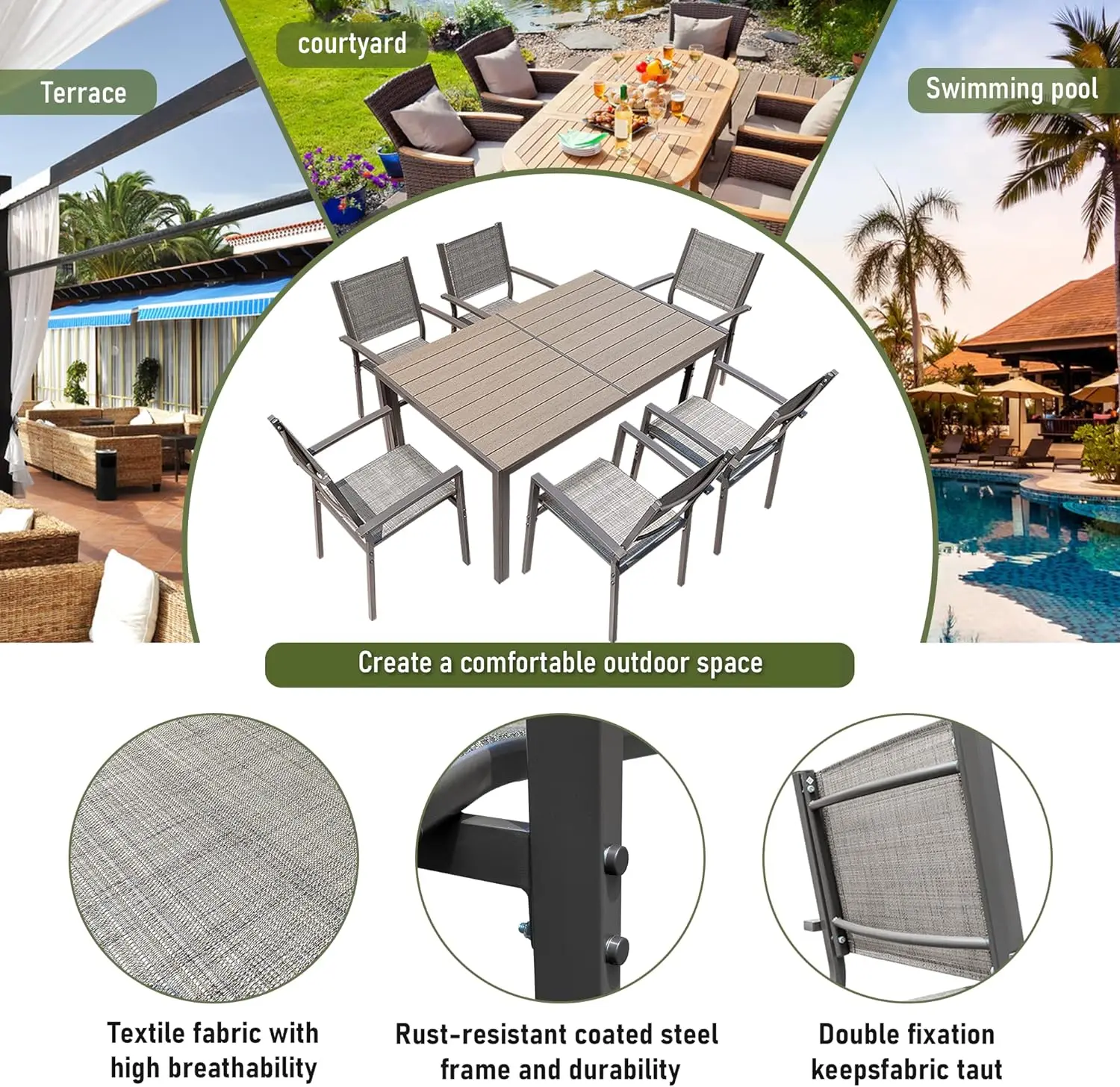 7 Piece Patio Dining Set Outdoor Furniture Set with Weather Resistant Table and 6 Stackable Textilene Chairs for Garden, Yard