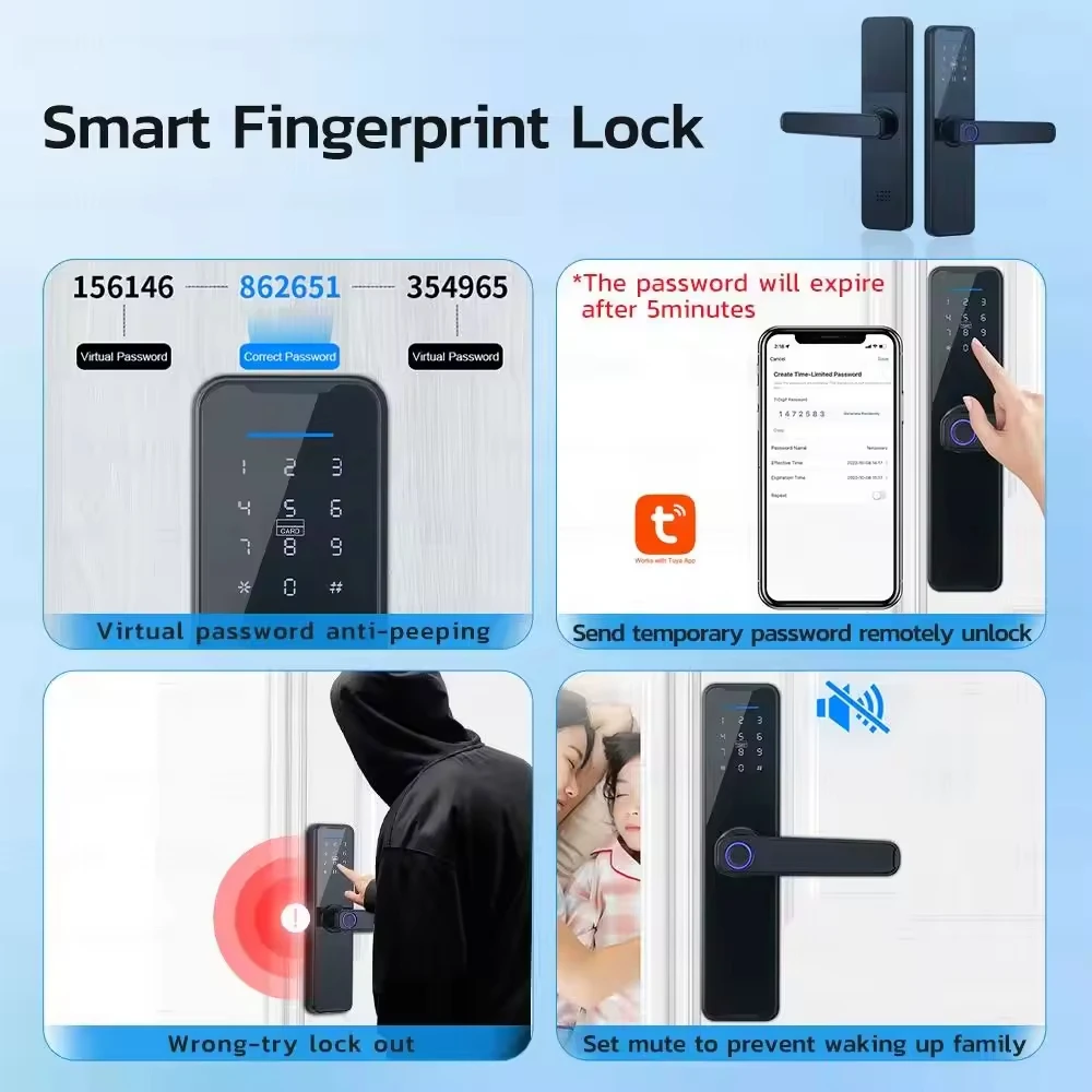 BBDHOME Smart Door Lock Tuya APP Control Fingerprint Digital Password Keyless Entry Apartment Home Room Black