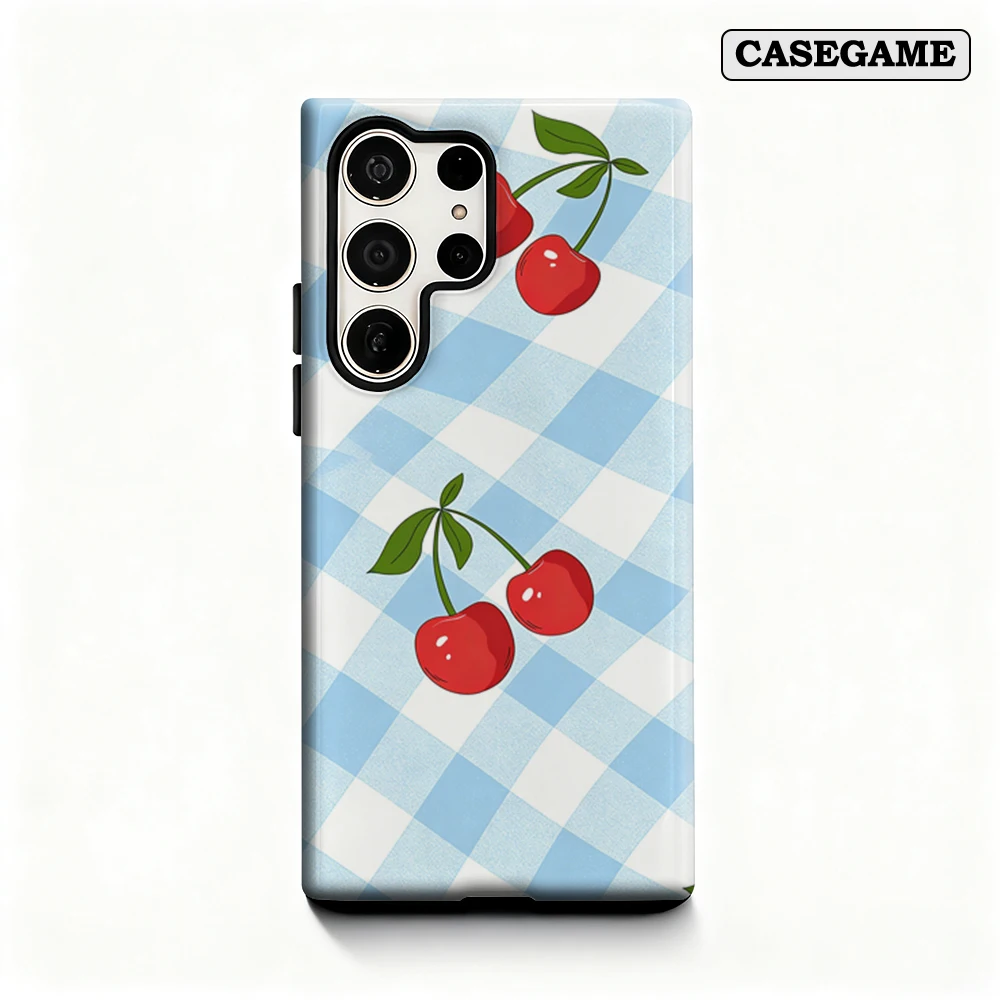 Casegame Phone Case for Samsung Galaxy S25 S26 Ultra S24 S23 Ultra Plus Shockproof Double Layer Blue Gingham Cherry Cover
