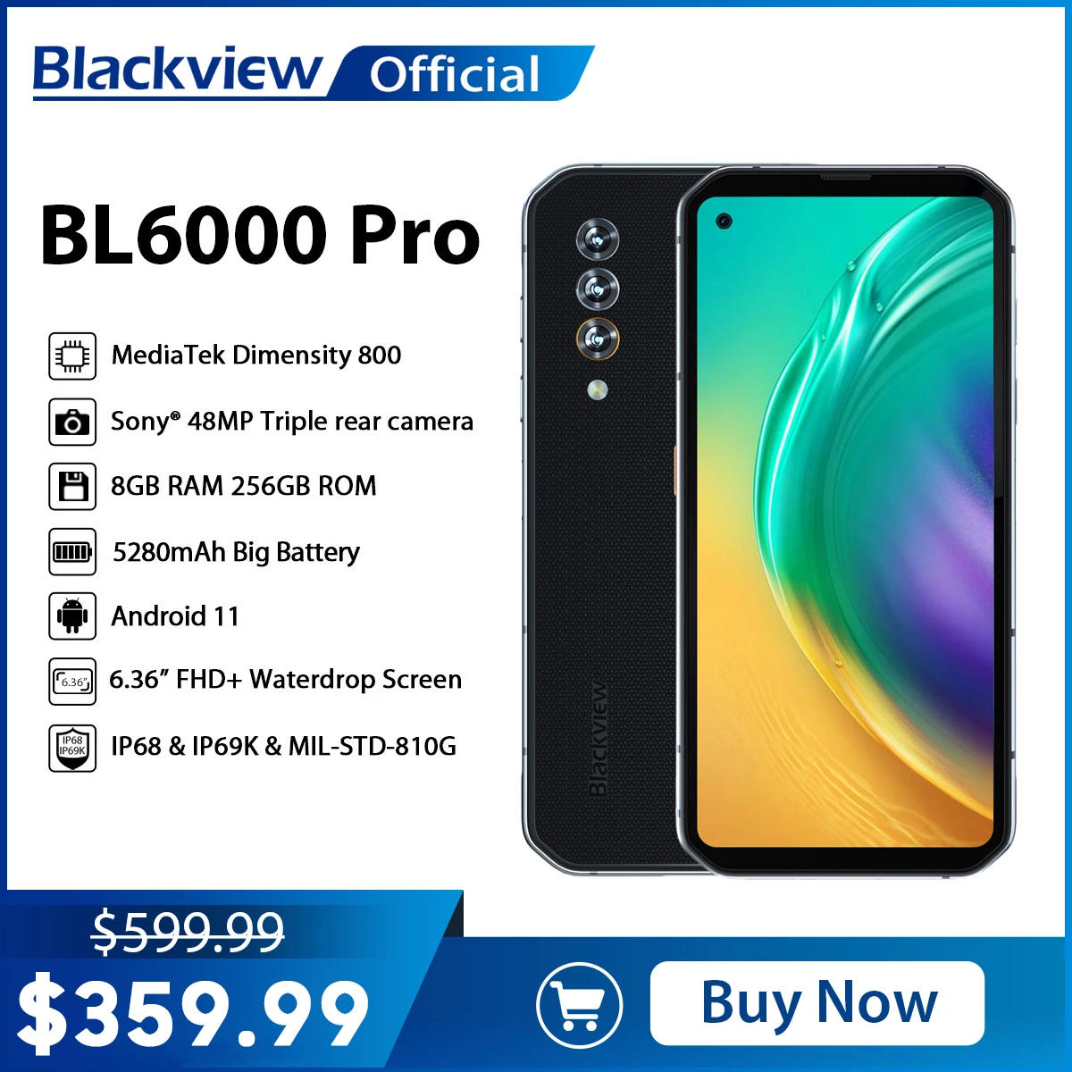 pro smartphone android 10 celular global 5g ip68 a prova dagua camera tripla de 48mp 5280mah 8gb mais 256gb blackview bl6000 01