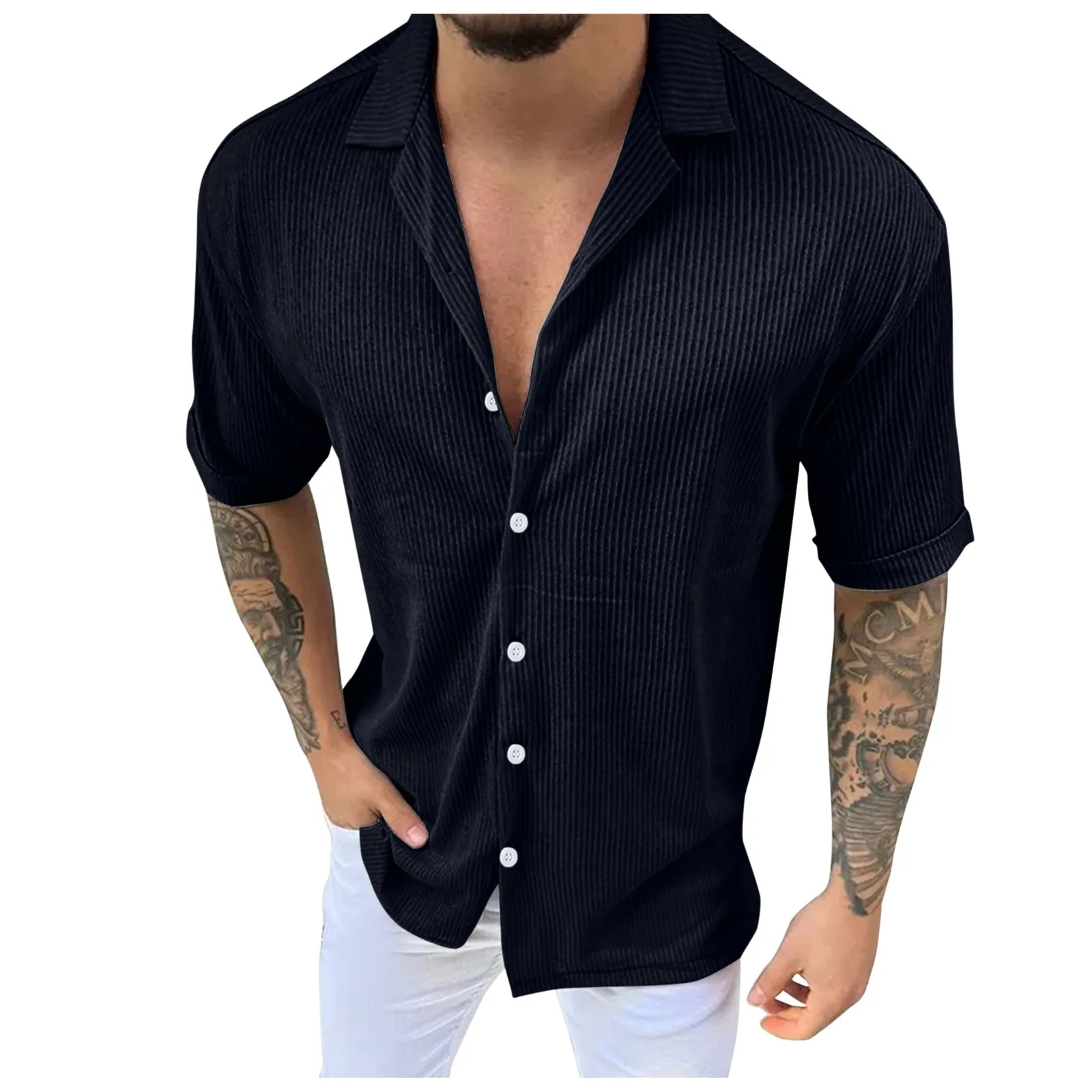 Corduroy Shirts For Men Short Sleeve T Shirt Summer Casual Lapel Buttoned Men Shirts Oversized Top Loose Solid Clothes Camisas