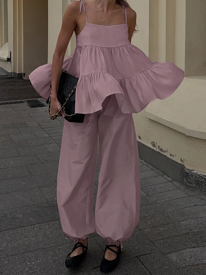 

Marthaqiqi Pink Women Nightwear Suit Spaghetti Strap Sleepwear Tank Tops Nightgowns Backless Pajamas Ladies Nightie 2 Piece Sets