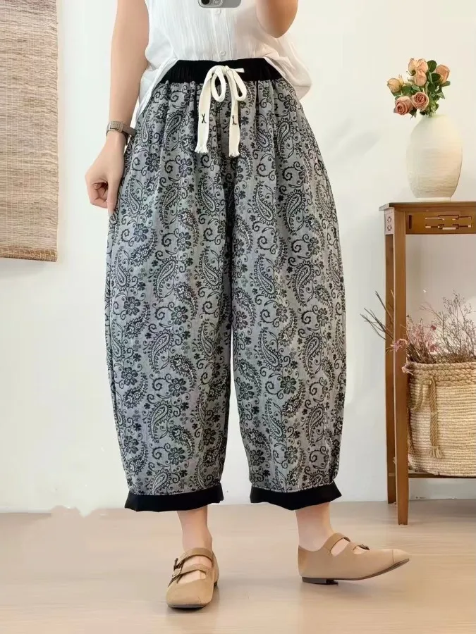 Casual Cotton Linen Wide Leg Pants Ethnic Style Loose Fit Nine Points Women's Summer New Fashion Printed Loose Pants