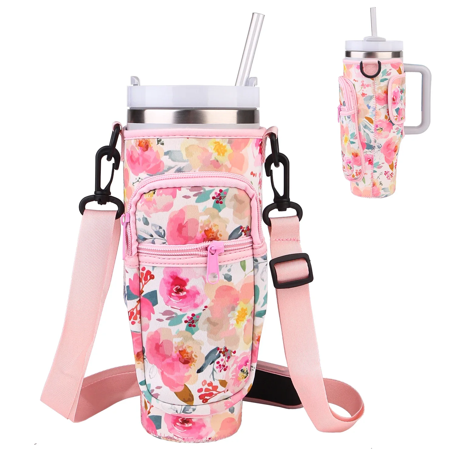 Kawaii Daisy Tumbler Bag for Stanley Cup 40oz Accessories Cute Water Bottle Carrier Bag with Adjustable Strap Cup Holder Pouch