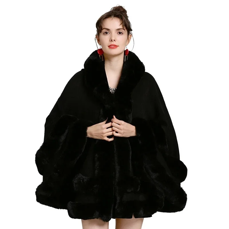 Women Two Layer Fur Poncho With Hat Faux Fox Fur Cape Big Pendulum Dovetail Cardigan Winter Shawl Warm Thick Coat