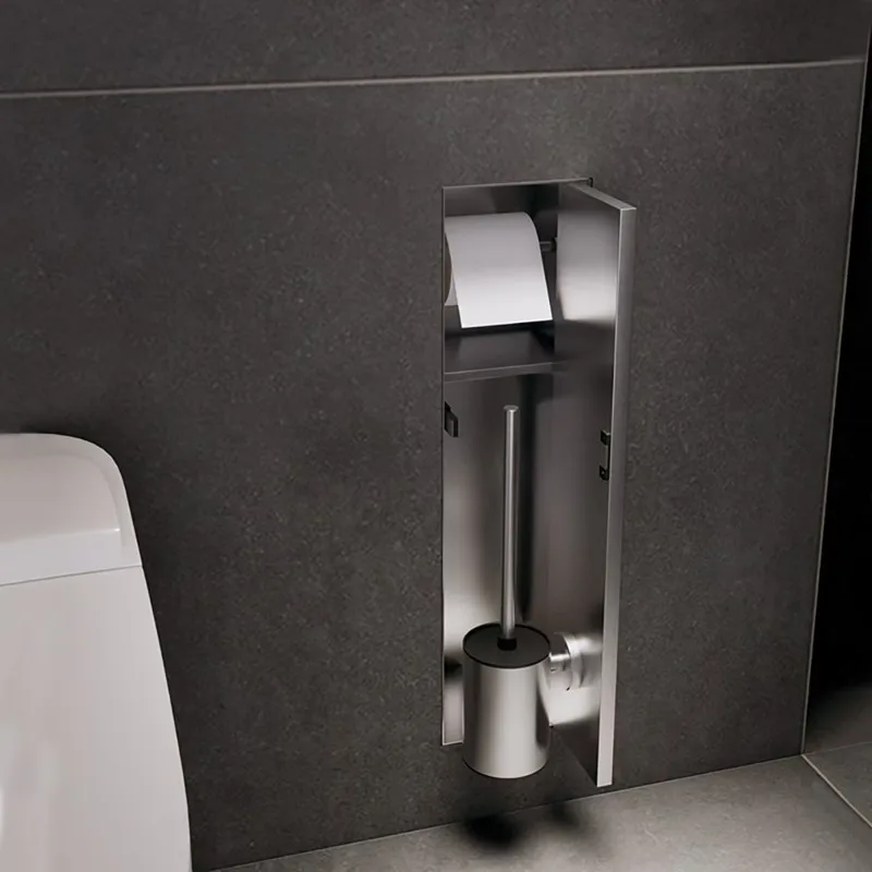 Recessed Toilet Niche 304 Stainless Steel Hidden Toilet Brush Embedded Bathroom Storage Niche Left Right Door， Black /Gun Gray
