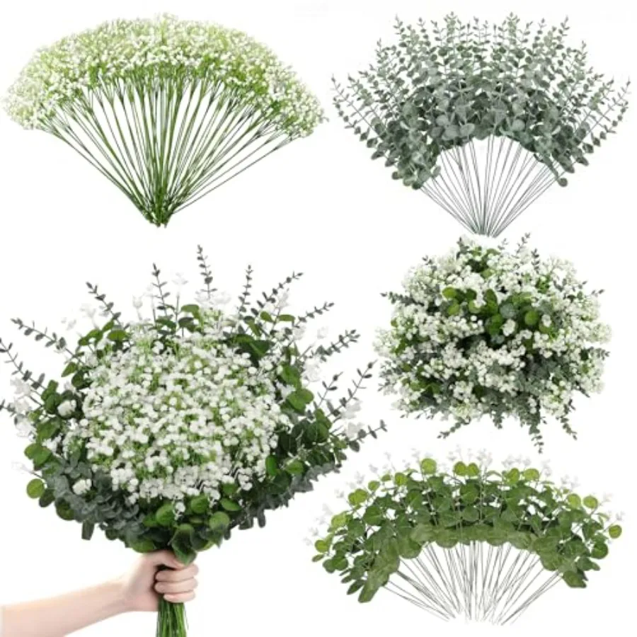 

110pcs Mixed Faux Greenery: Real Touch Babys Breath Artificial Flowers Bulk, Eucalyptus Stems and Frosted Silver Dollar for Rus