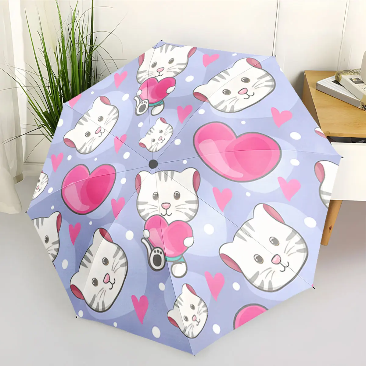 1PC Cute Cat and Heart Pattern Umbrella Print 8 Iron Ribs Folding Umbrella Auto-Open Fashion Sunshade