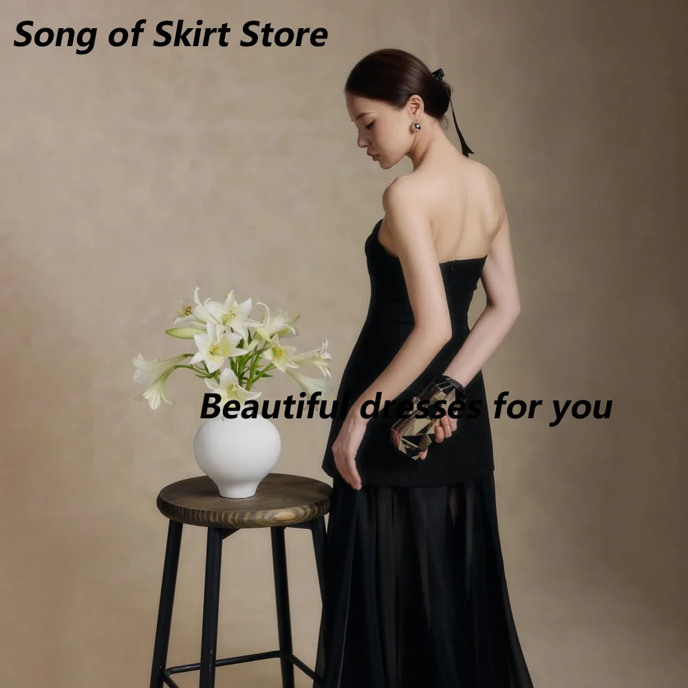 Customized Black Strapless 3D Floral Mother Of The Bride Gown Top Sheer Chiffon Split A Line Wedding Evening Dress With Train