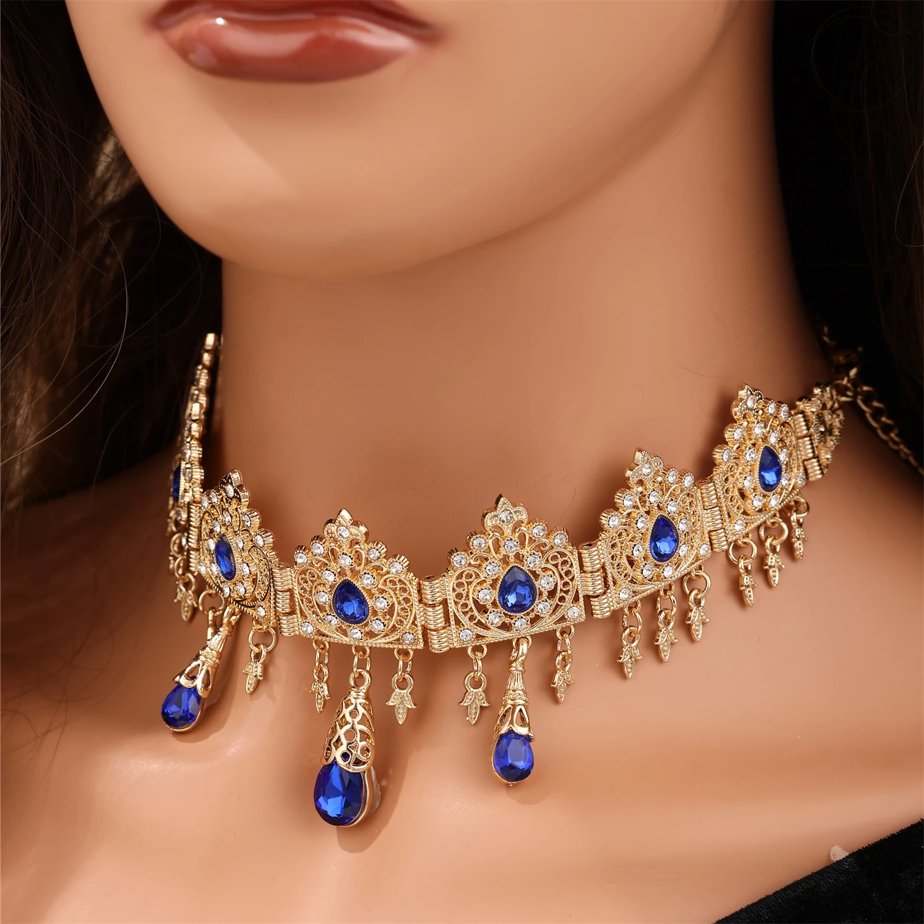Turkish Wedding Head Piece Gold Color Hair Accessories For Women Wedding Rhinestone Hair Accessories For Moroccan Bride Necklace