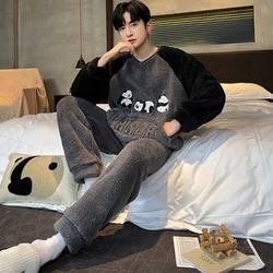 4XL Big Size Warm Pajamas Set Men's Winter Thicken Flannel Sleepwear for Sleeping Cartoon Panda Soft Coral Fleece Pyjamas Homme