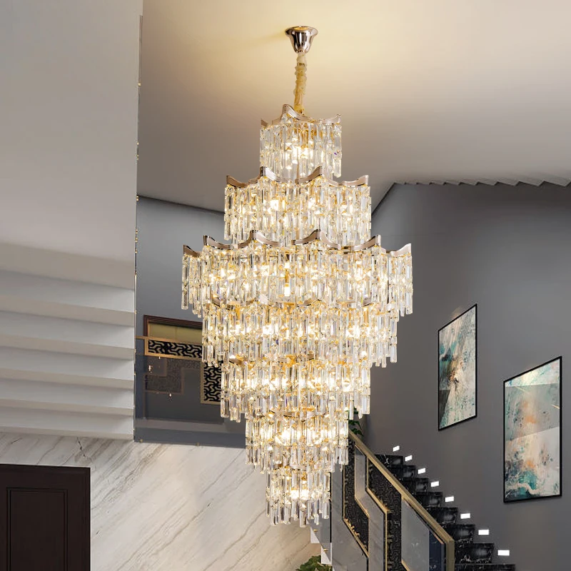 Duplex Villa Living Room Large Chandelier High Ceiling Light Luxury Crystal Lamp Loft Hollow Spiral Staircase Long Chandelier