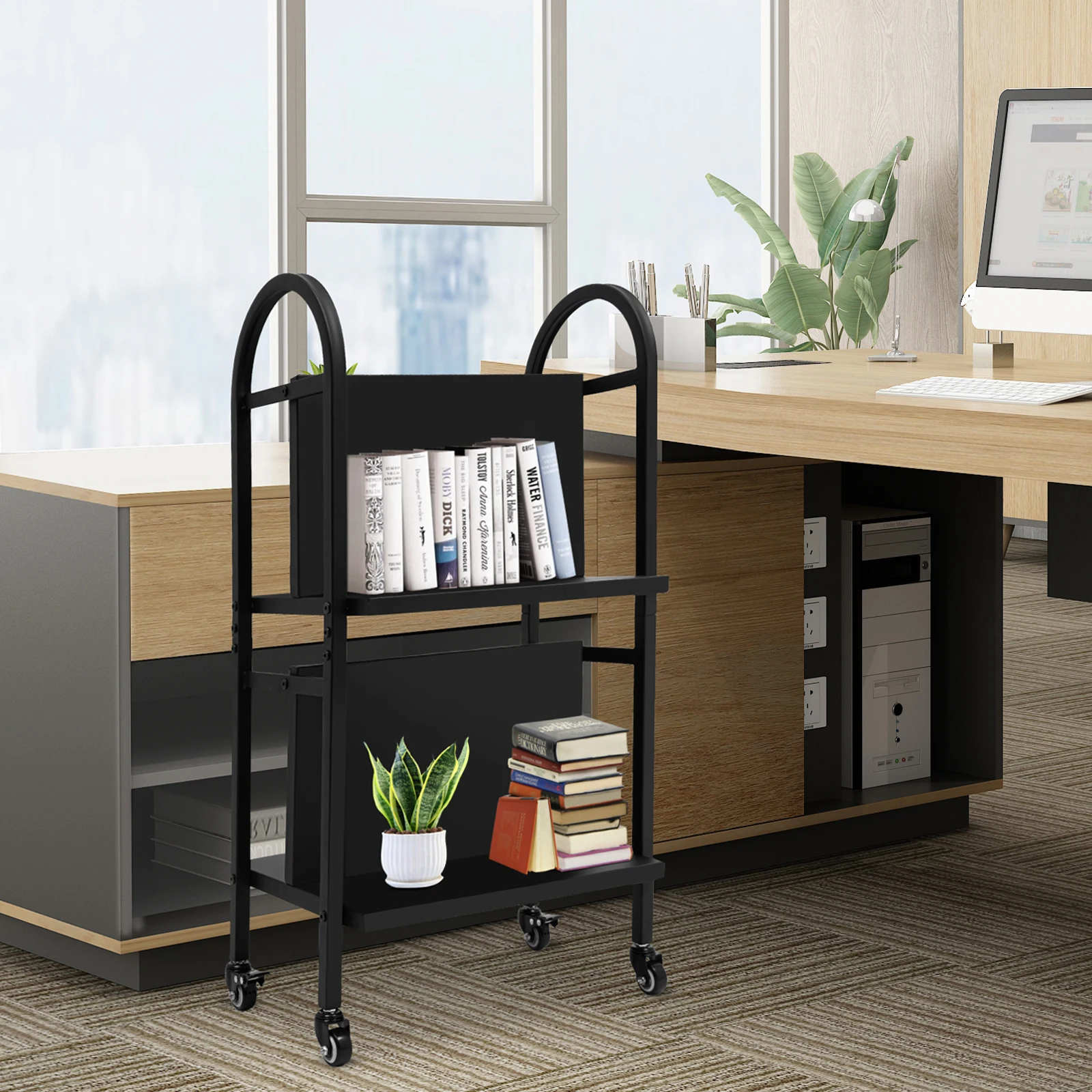 عربة كتب مكتبة ذات مستويين، عربة كتب دوارة، عربة كتب مكتبية