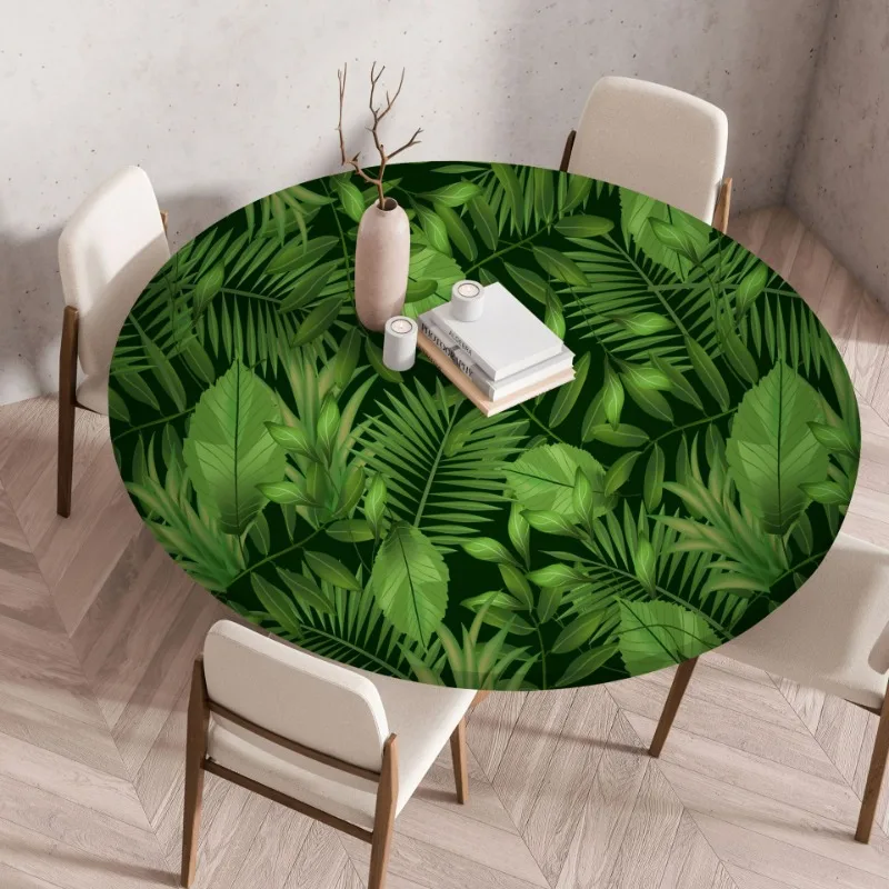 New Plant Flower Palm Leaf Waterproof Loose Tight Dining Round Table Cover Printed Circular Tablecloth
