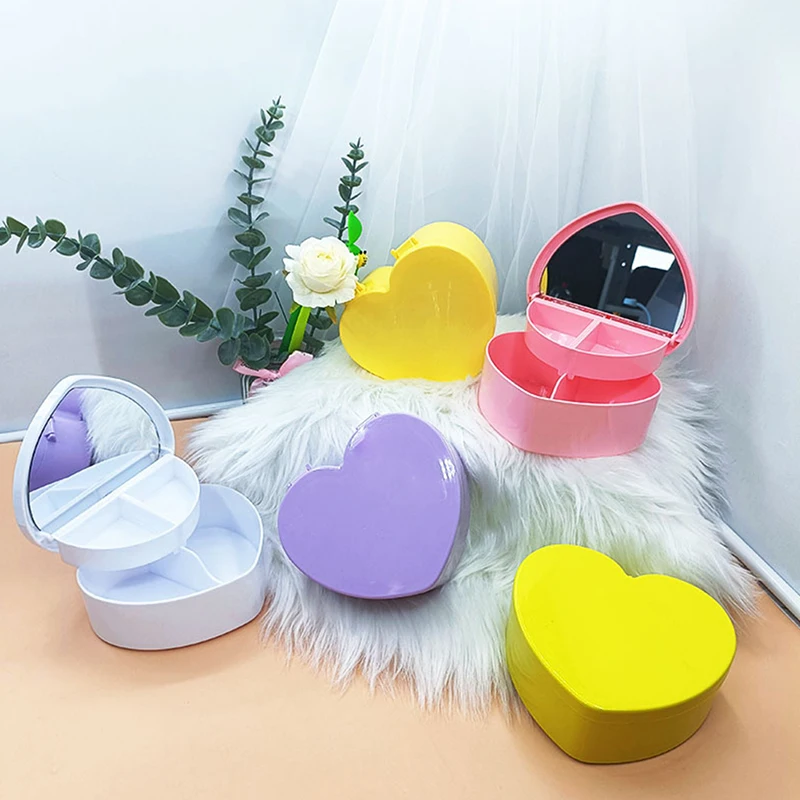 Caja de maquillaje con espejo para niña, organizador de joyería cosmética con forma de corazón, cajón bonito, estante de escritorio, soporte para