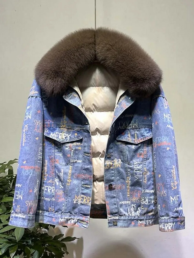 الشتاء النساء الدافئة فضفاضة تناسب أسفل الدنيم سترة الثعلب الفراء طوق واحدة الصدر ملابس خارجية معاطف سميكة مطبوعة سيدة الموضة معطف #4