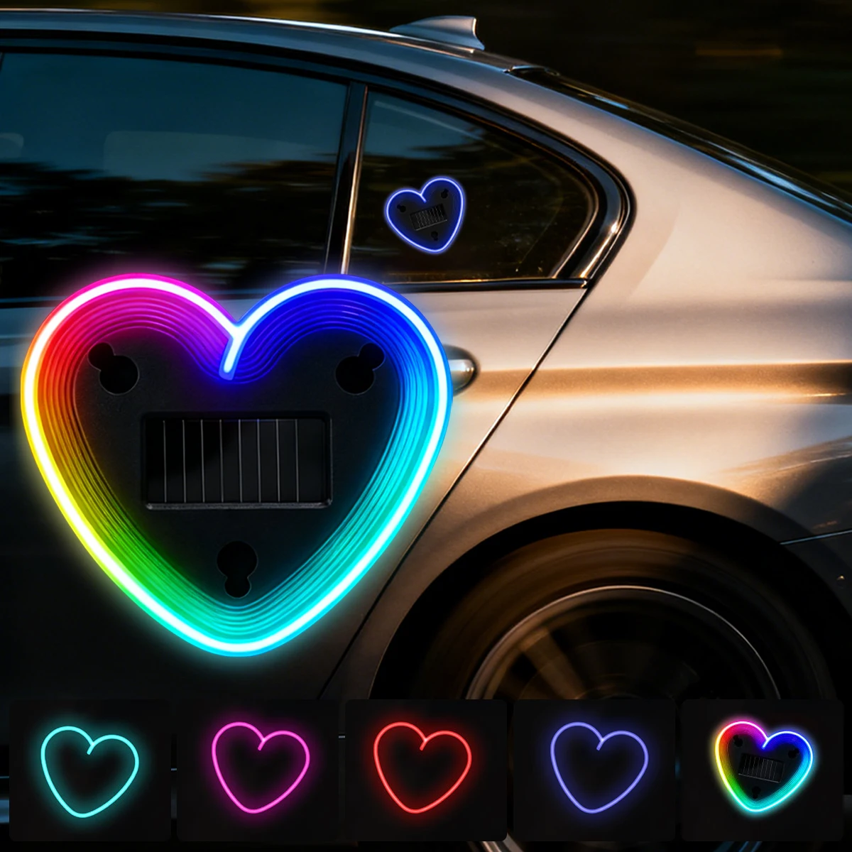 Solar Powered USB RGB Heart-shaped Dynamic Gradient LED Car Interior Ambient Light Auto Windshield Neon Night Light Decoration