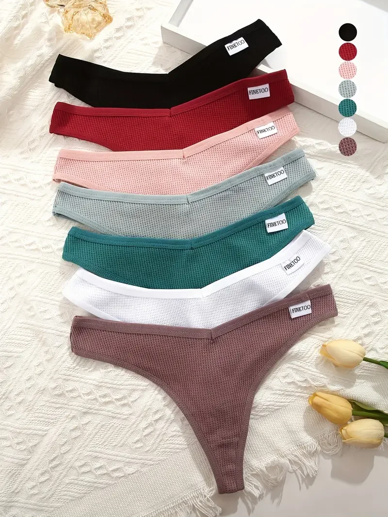 FINETOO 7PCS/Set G-string Panties Waffle Cotton Women's Underwear Sexy Panties Female Underpants Thong V-Waist Pantys Lingerie