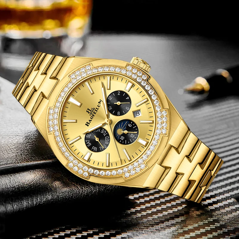 BAOFEILUN ساعة ذهبية فاخرة للرجال ساعات آلية أوتوماتيكية مرآة الياقوت التقويم الكامل الماس مجموعة فستان ساعة اليد هدية