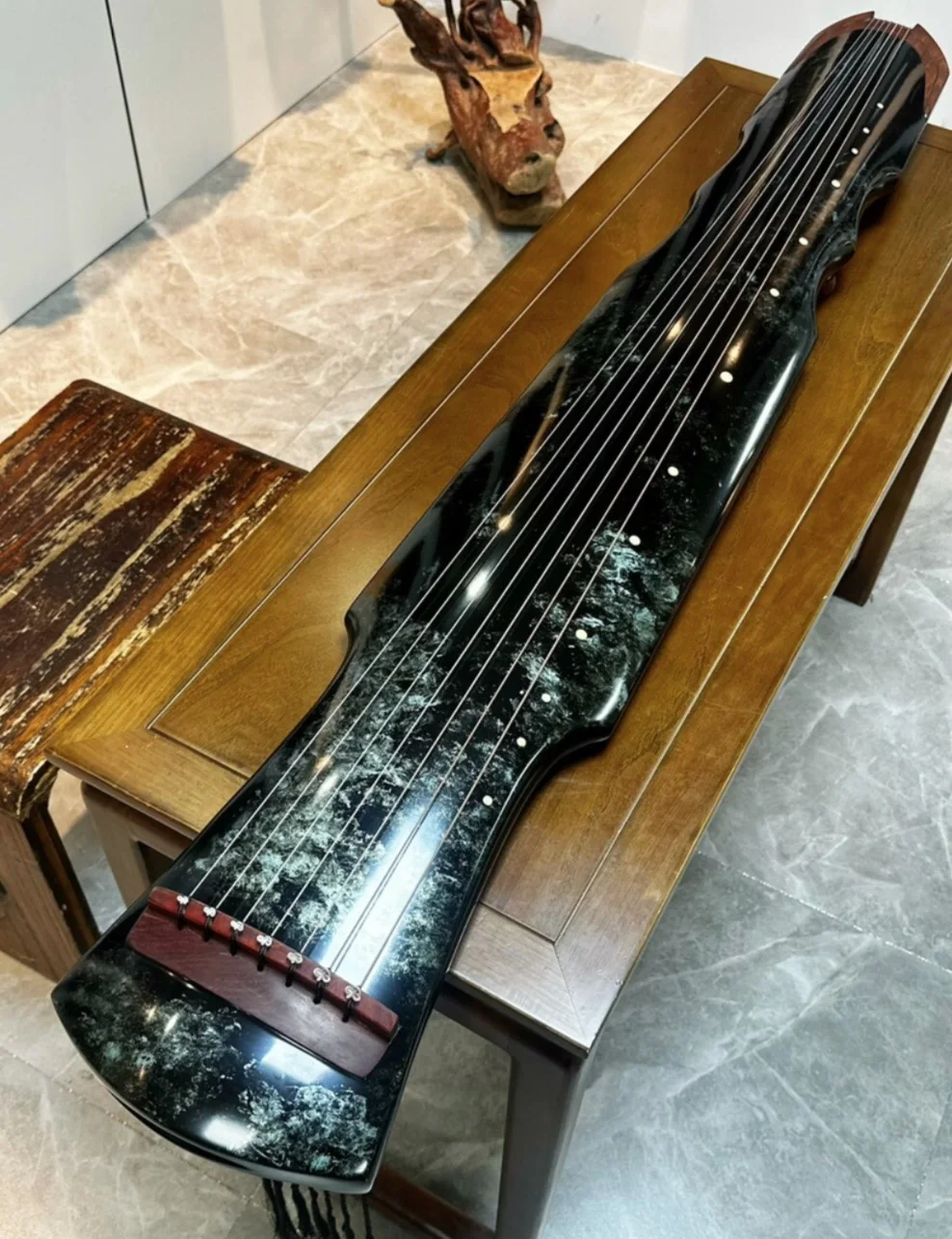 Fuxi Style Guqin Aged Fir Wood with Chinese Traditional Pattern 7 String Zither Chinese String Instrument for Practice Performan
