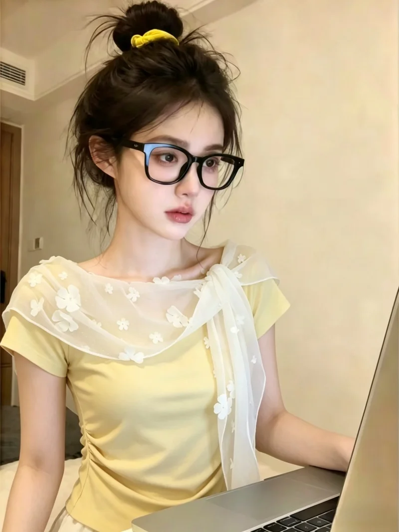 

Summer New Design Sensation Women's Short Sleeve T-shirt Lace Splicing Waist-Cinching Top Korean Style Commute Silk Fabric