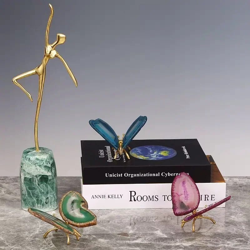 

u11 Colored Agate Butterfly Ornament Natural Agate Chips Brass Simulation Insects Butterfly Statue Metal Figurine Home Decora
