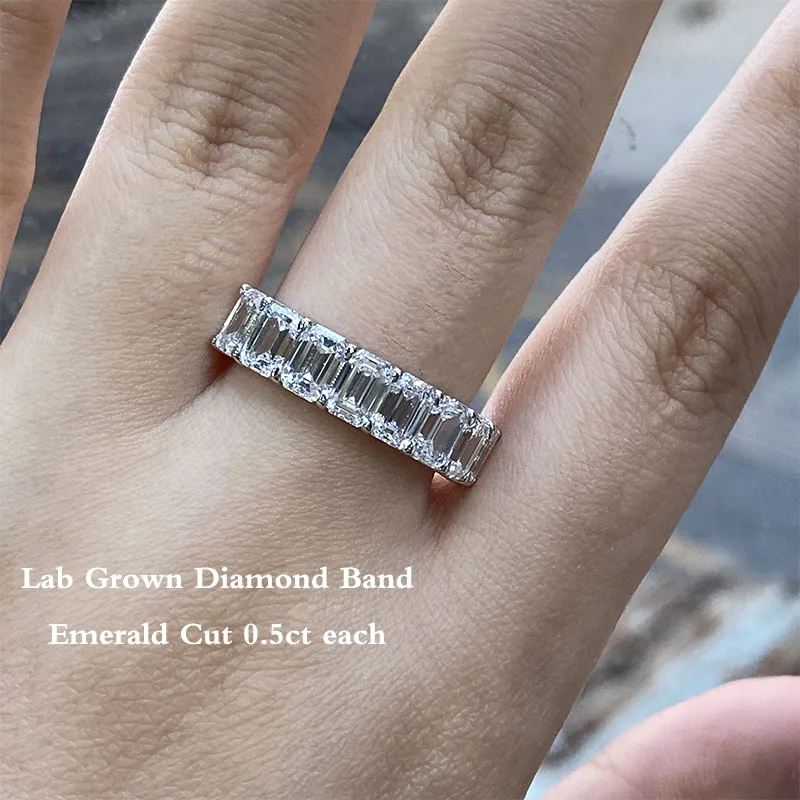4.5ctw DEF Color VS Emerald Cut CVD HPHT Lab Grown Diamond 9 Diamond Band 14k White Gold  Engagement Wedding Ring