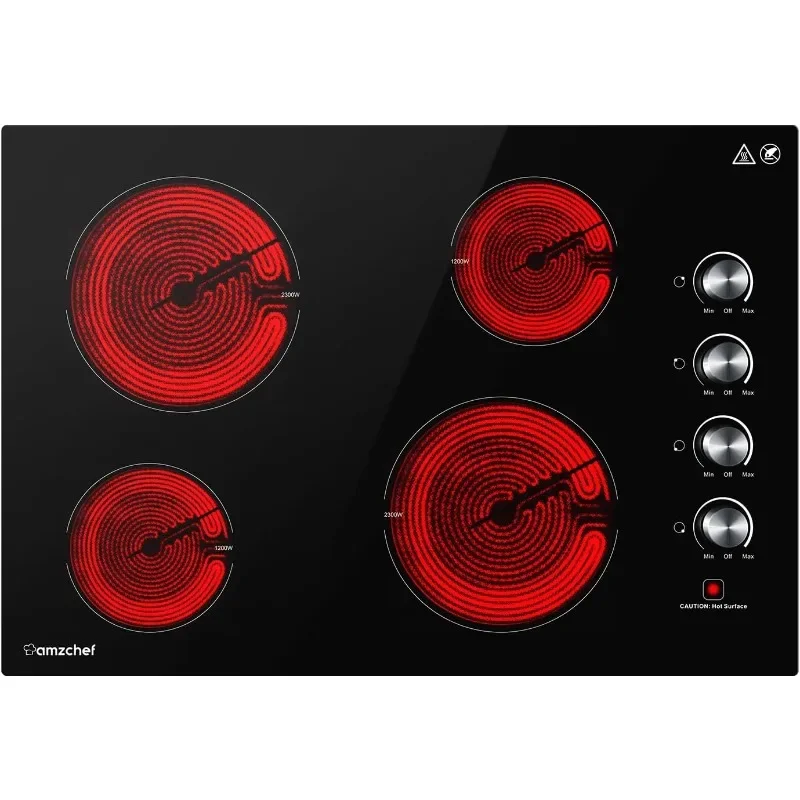 AMZCHEF Cooktop elétrico embutido de 30 polegadas, 7000 W e 4 queimadores com certificação de segurança ETL, níveis de controle de botão