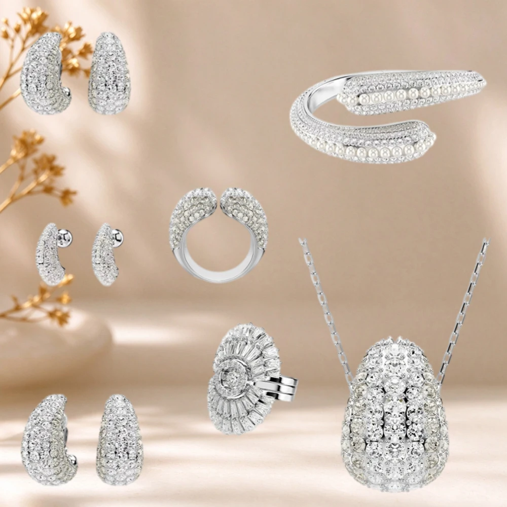 Waterdrop shaped dense diamond inlaid double-layer fan-shaped ladder square diamond ring with diamond inlaid pearl earrings