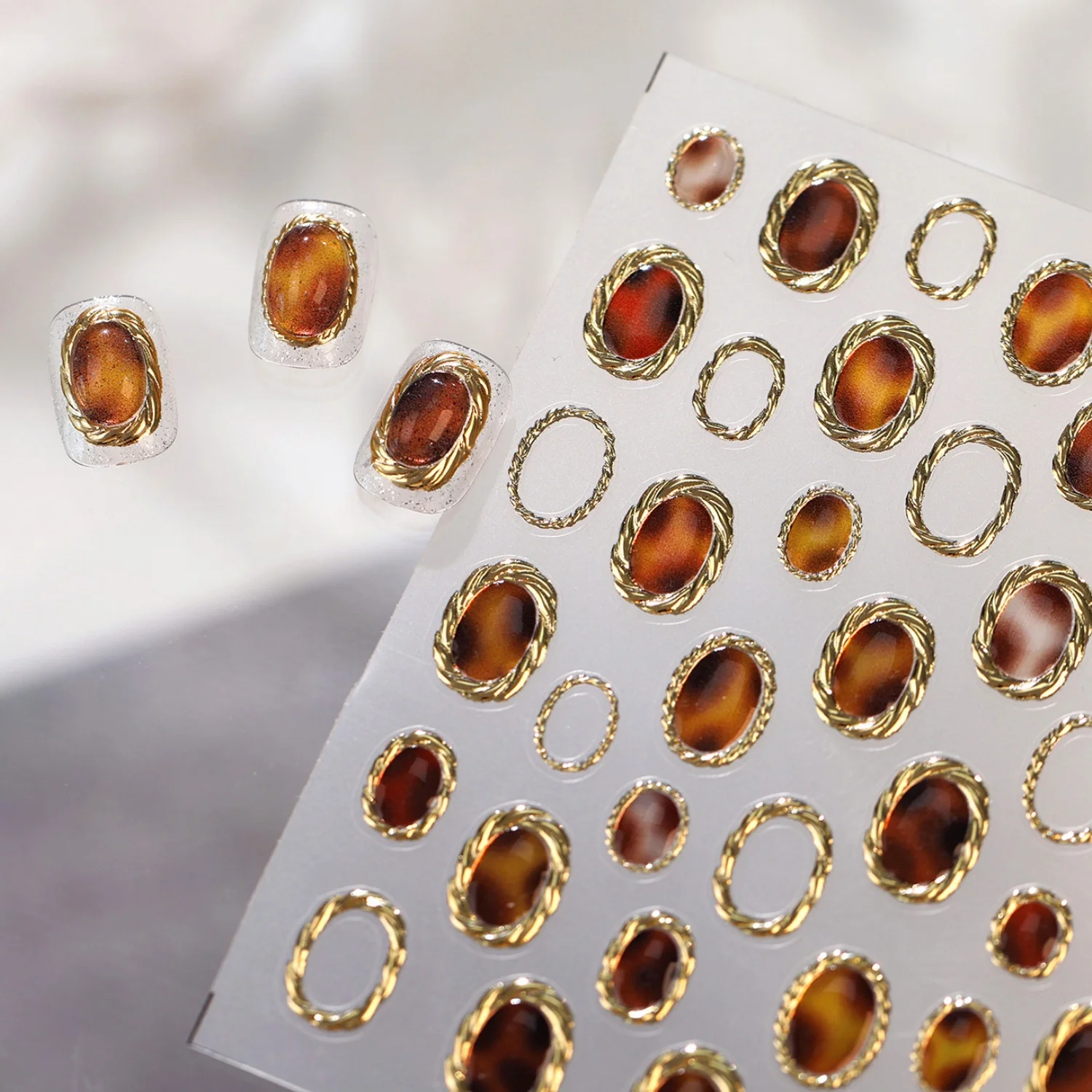 Vintage Amber Gem 5D Nail Stickers Oval Shape Twist Metal Rim Golden Edge Nail Decoration Self Adhesive Nail Stickers Manicure