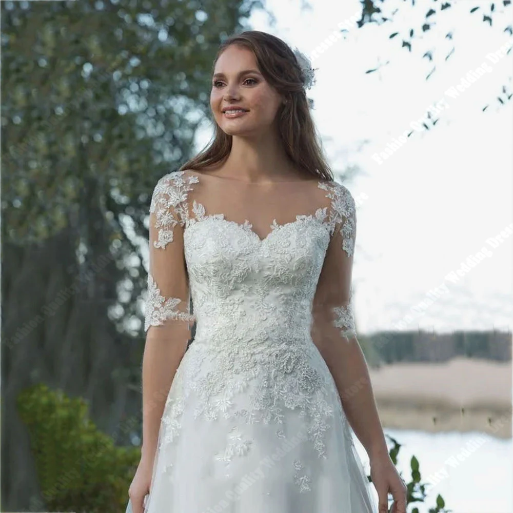 Glänzende Tüll Frauen Brautkleider Spitze Dreiviertel ärmel Tüll rücken freie Brautkleider neue lange Schwanz Frauen Vestidos de Novias