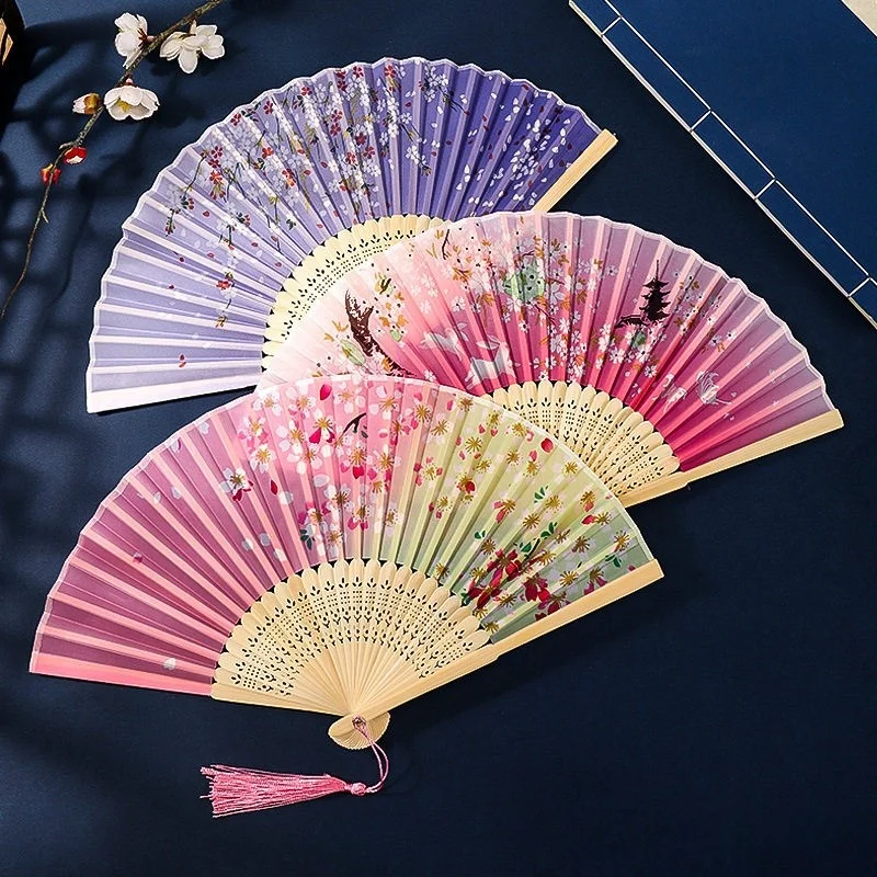Ancient Chinese  Women's Hanfu Children's Dance Sakura Fan Summer Portable Peach Blossom Fan Traditional Style