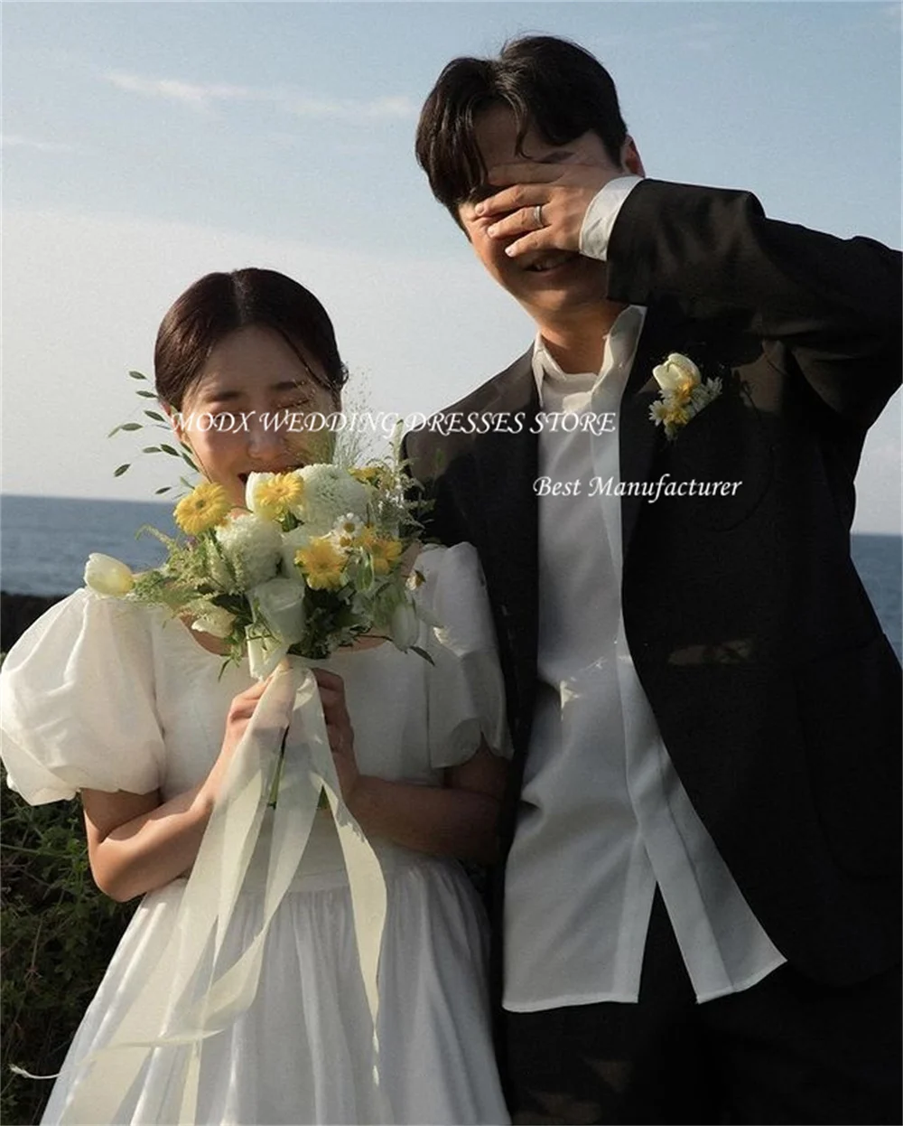 MODX Simple Short Wedding Dresses Korea Photo shoot Square Collar Taffeta Pleat Back Lace up Bridal Gowns Formal Party Dress