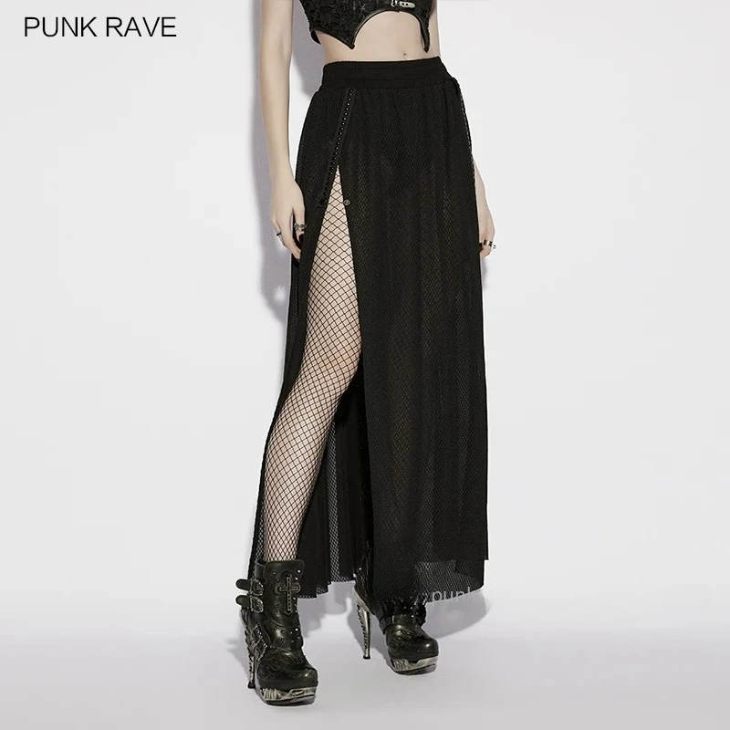 PUNK RAVE Women's Gothic Daily Perspective Knit & Mesh Skirt Elastic Waistband Side Slit Design Sexy Mysterious Club Long Skirts