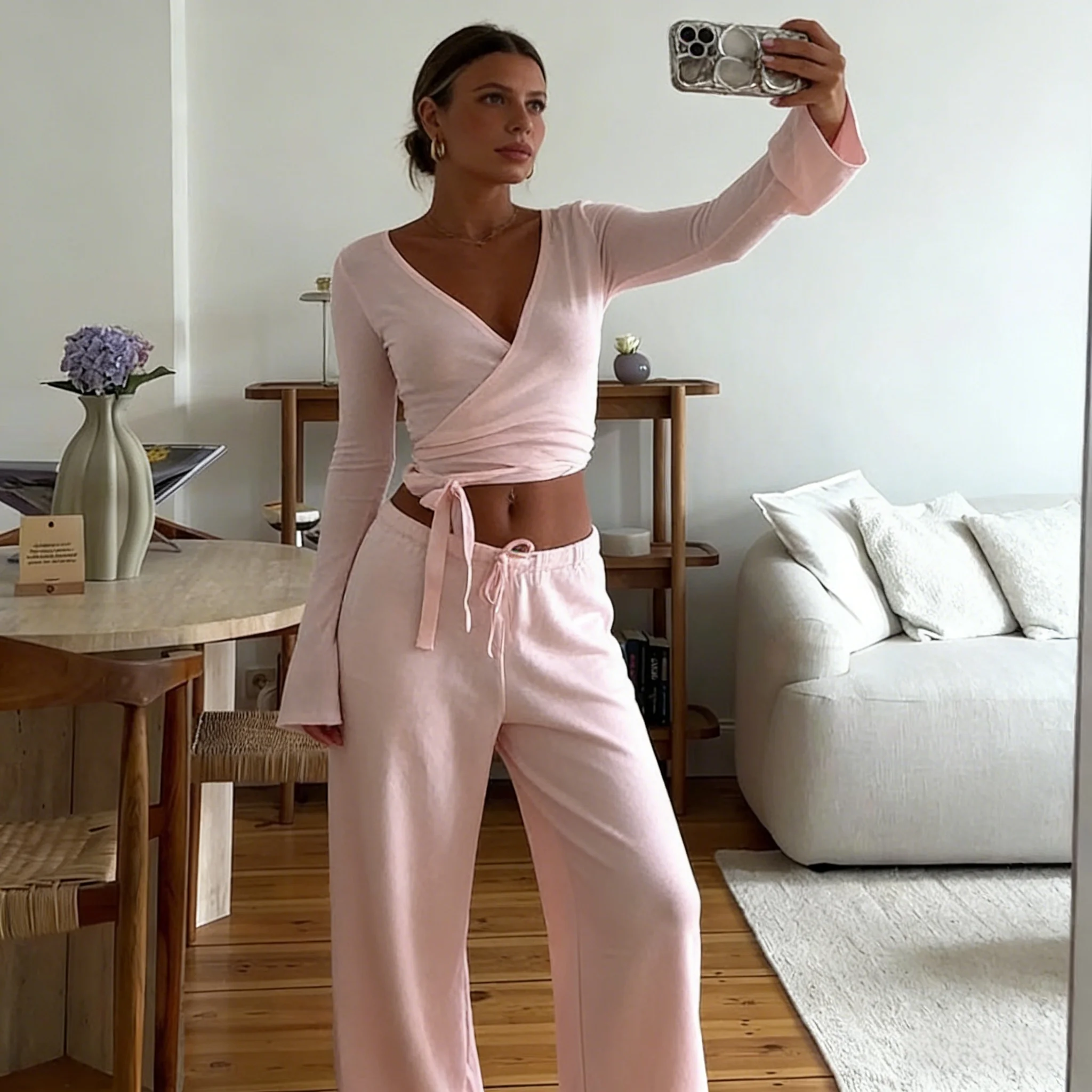 

Apprabant Casual Fashion Drawstring High Waist Trousers Set Lace Up Flared Sleeve V Neck Twist Tops Plush Loose Pants Suit
