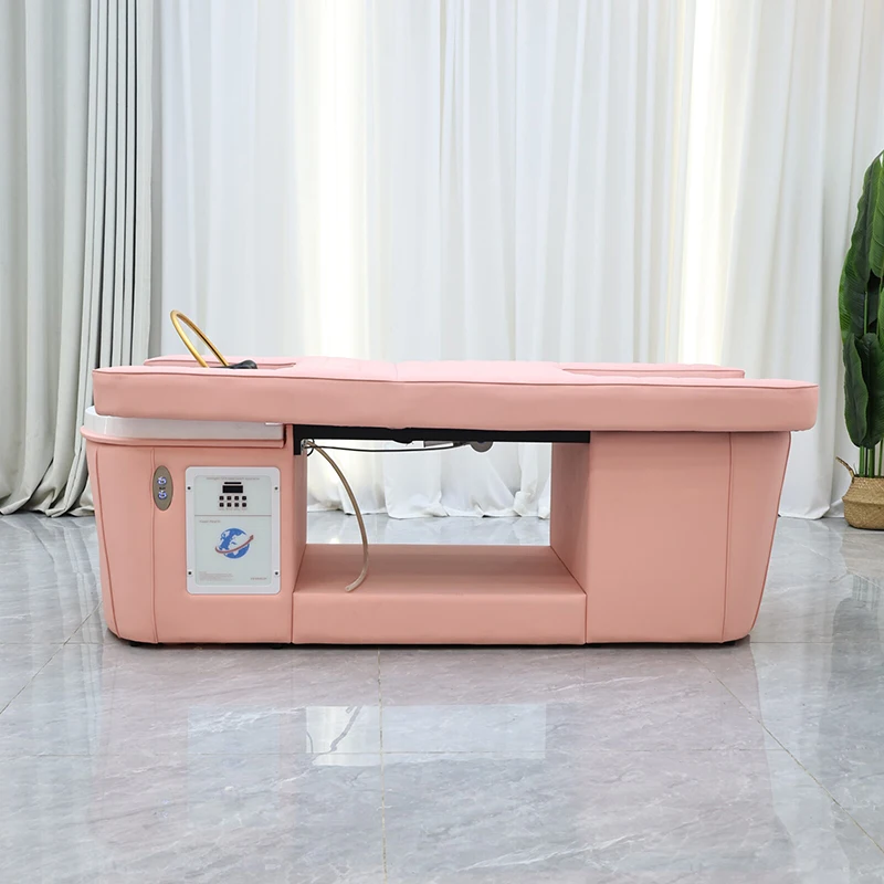 Professional Barbershop Furniture Head Therapy pink Washing Bed Modern Lay Down Foot Spa Electric Adjustable Shampoo Bed
