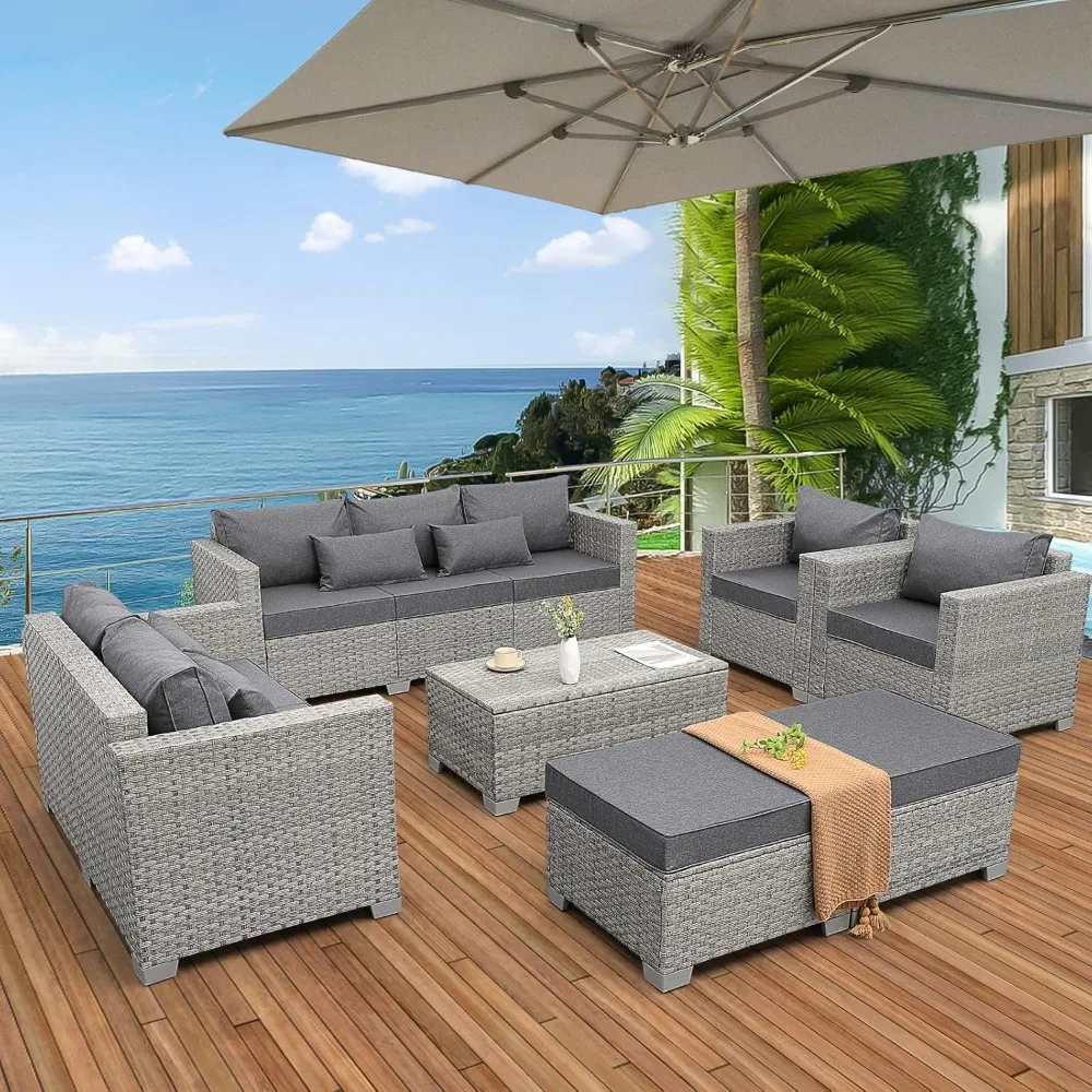 Patio Furniture Set 7 Pieces Outdoor Sectional Sofa PE Wicker Conversation Chairs with Storage Table and Non-Slip Thick Cushion