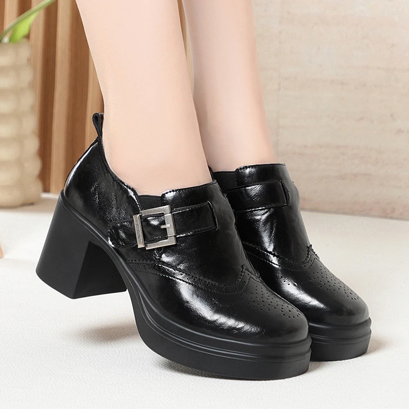 Square Toe Thick Heel Single Shoes Thick Sole High Heel Retro Small Leather Shoes British Style Loafers Spring Women's Shoes